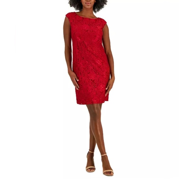 Kasper Dresses & Skirts - Kasper Red Floral Lace Sheath Dress Medium Cap Sleeve 35” Lined Cocktail
